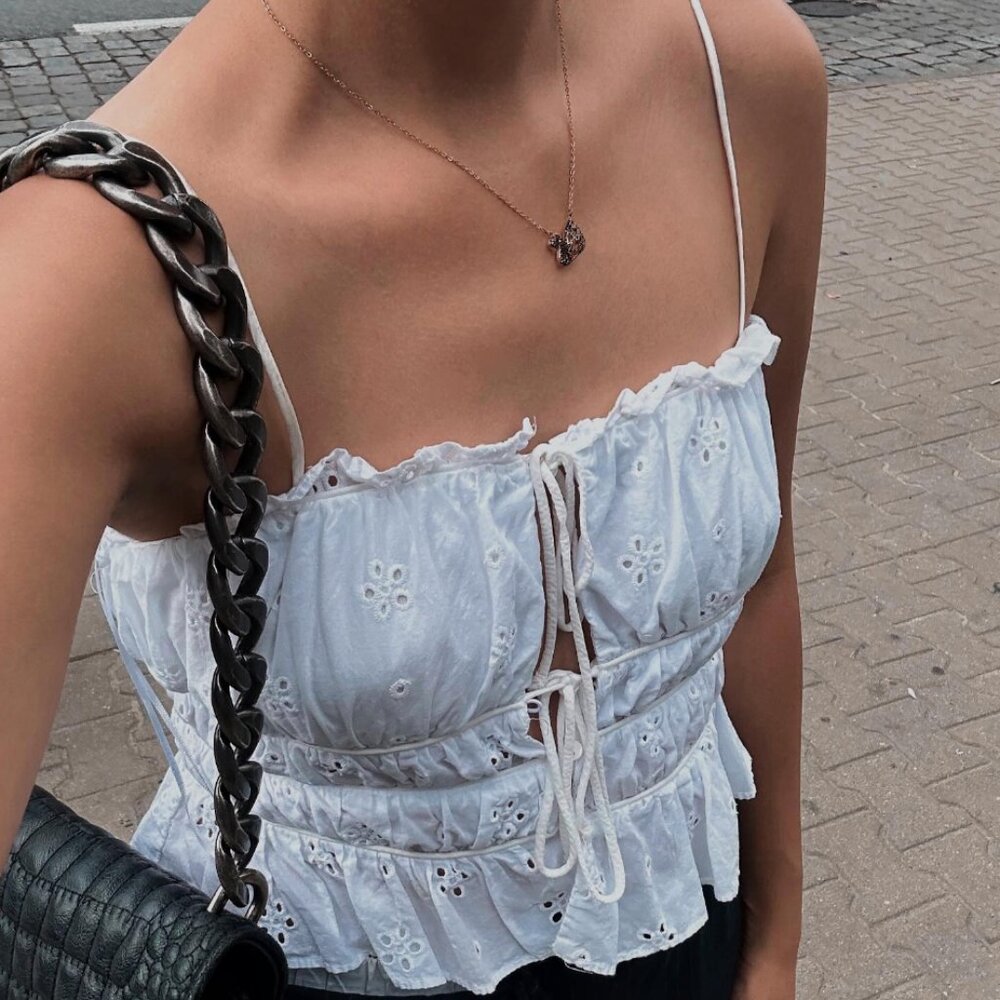 Zara White Eyelet Lace-Up Spaghetti Strap Tank Top